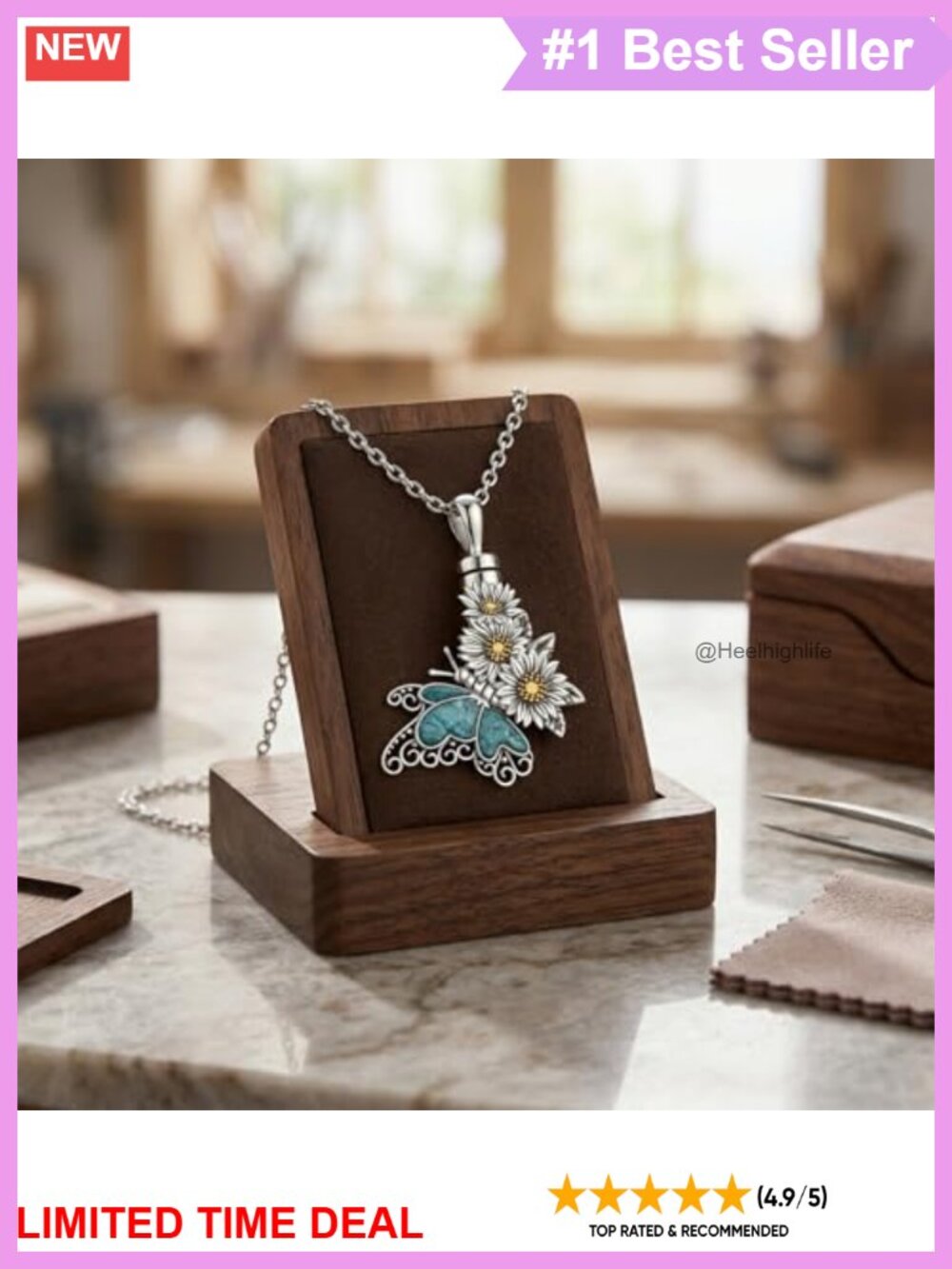 925 Sterling Silver Butterfly Urn Necklace Turquoise Daisy Pendant Memorial - Picture 4 of 5